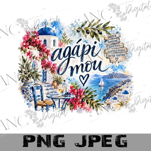 Agápi Mou Sublimation PNG, Greek Love Design, Greece Kitchen Towel PNG, Santorini Sublimation, Mediterranean Digital Download