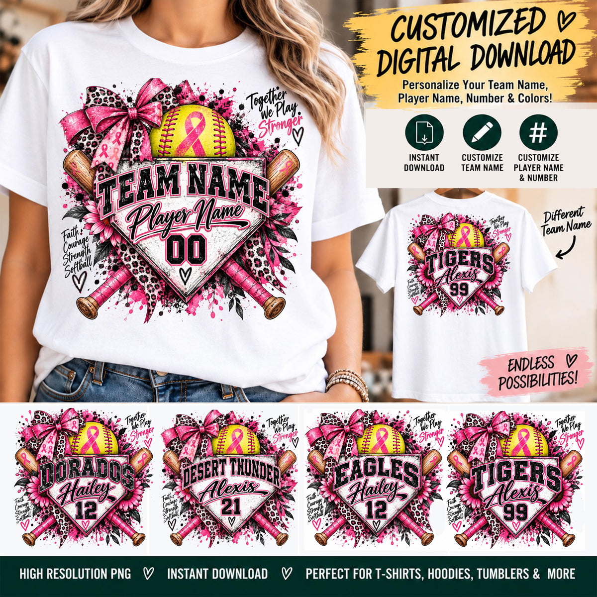 Personalized Breast Cancer Softball PNG | Custom Team Name, Player Name & Number | Breast Cancer Awareness Softball | Digital Download