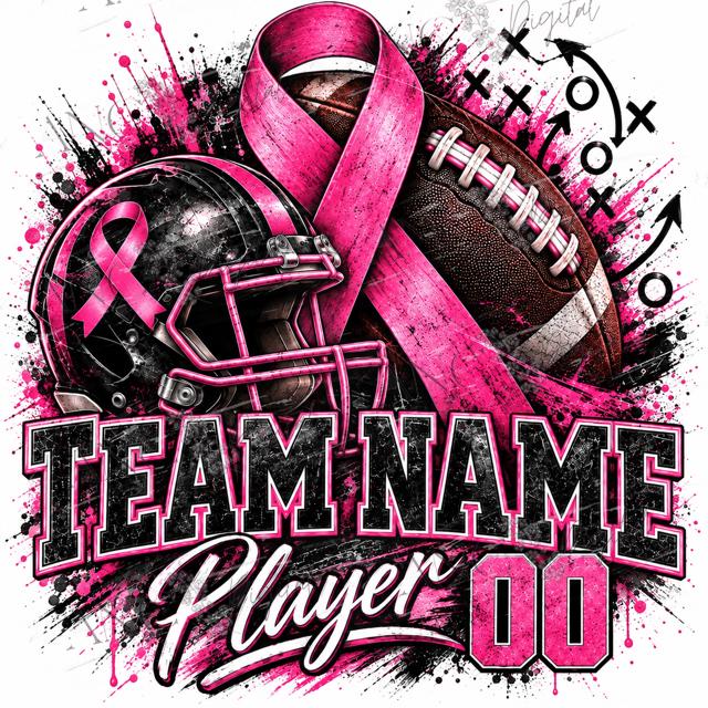 Custom Football Breast Cancer Awareness PNG | Personalized Team Name Player Name & Number | Pink Ribbon Football Sublimation Design