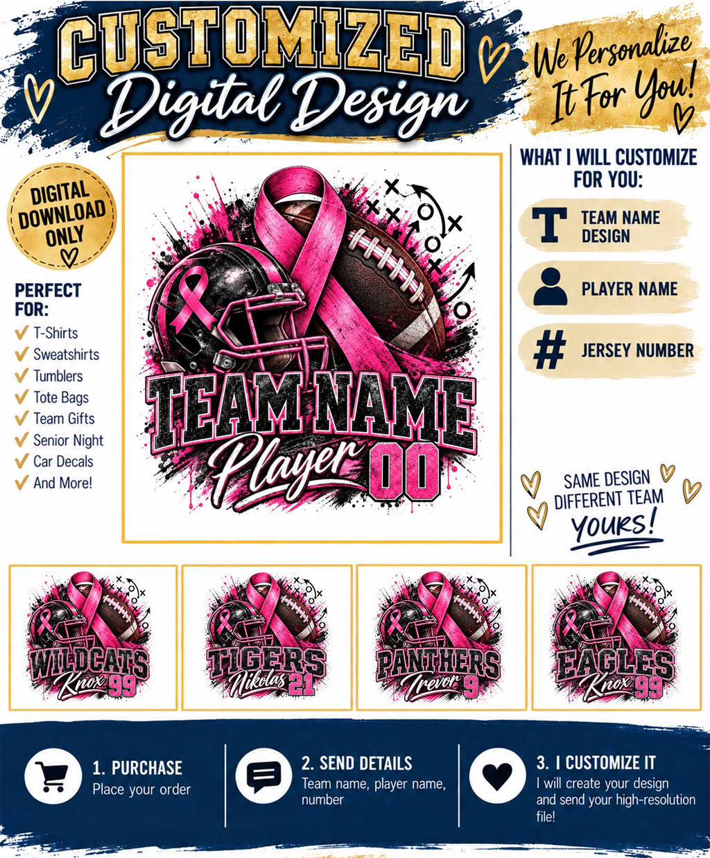 Custom Football Breast Cancer Awareness PNG | Personalized Team Name Player Name & Number | Pink Ribbon Football Sublimation Design