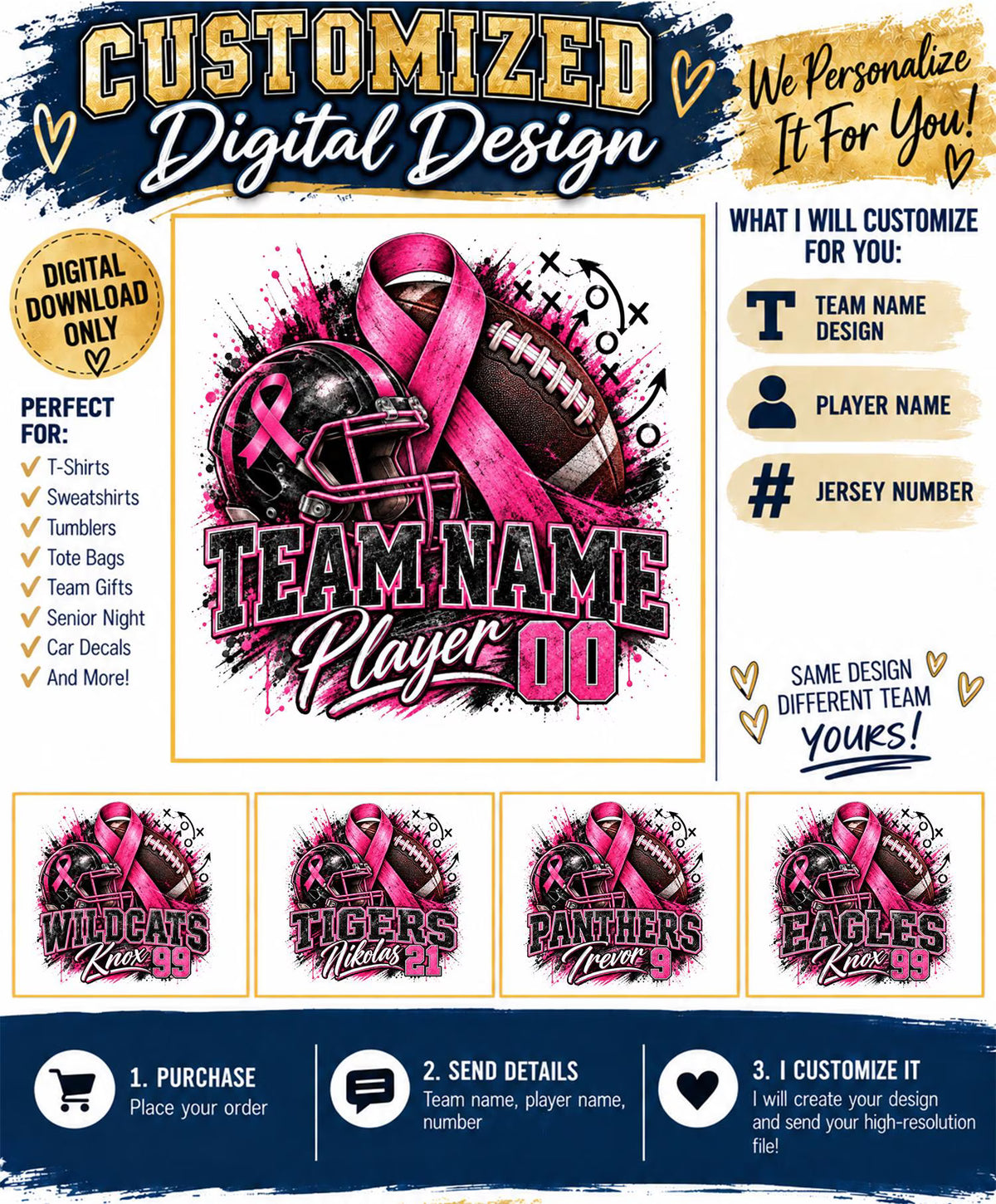 Custom Football Breast Cancer Awareness PNG | Personalized Team Name Player Name & Number | Pink Ribbon Football Sublimation Design