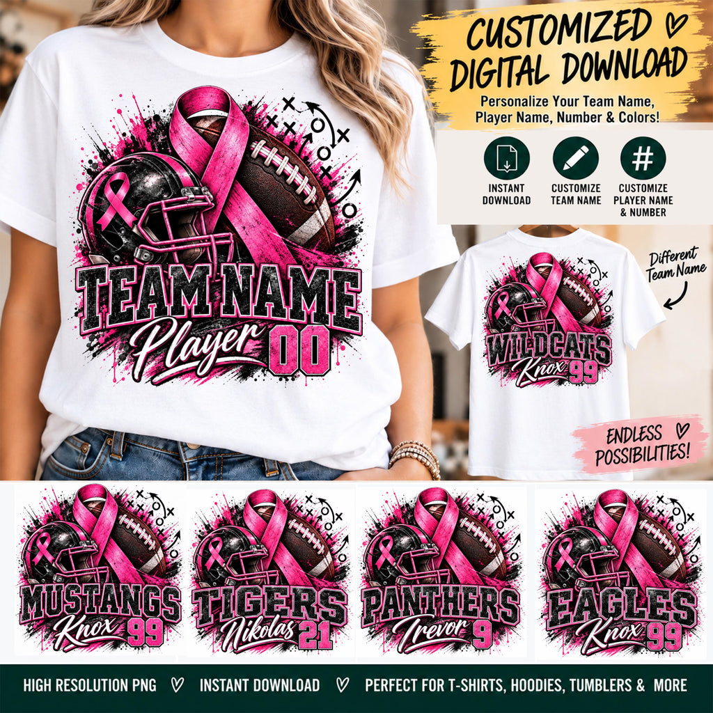 Custom Football Breast Cancer Awareness PNG | Personalized Team Name Player Name & Number | Pink Ribbon Football Sublimation Design