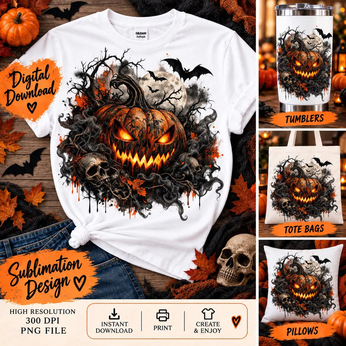 Scary Halloween Sublimation PNG: Grunge Jack O Lantern and Skull Design