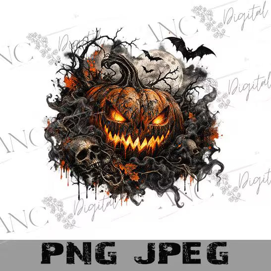 Scary Halloween Sublimation PNG: Grunge Jack O Lantern and Skull Design