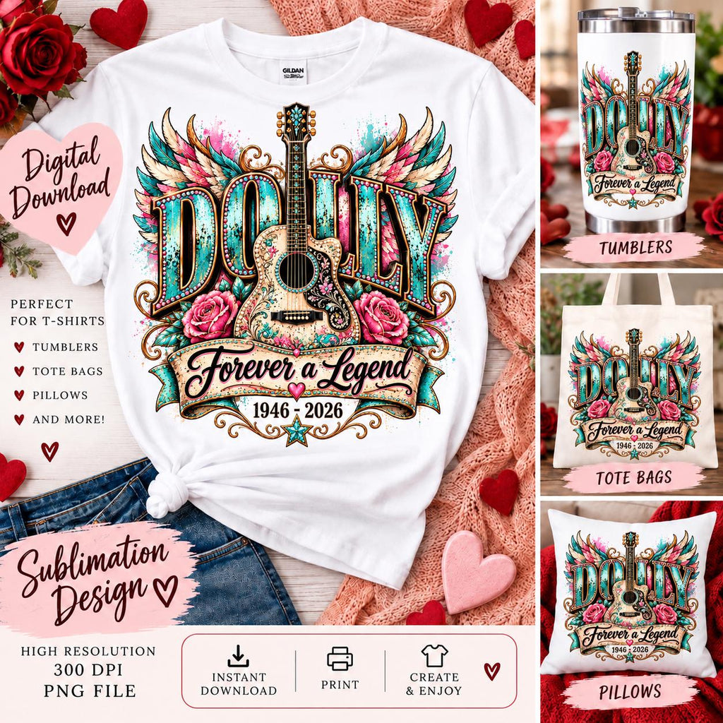 Dolly Forever a Legend PNG, 1946-2026 Tribute Design, Country Guitar Sublimation PNG, Western Wings Digital Download, Memorial PNG