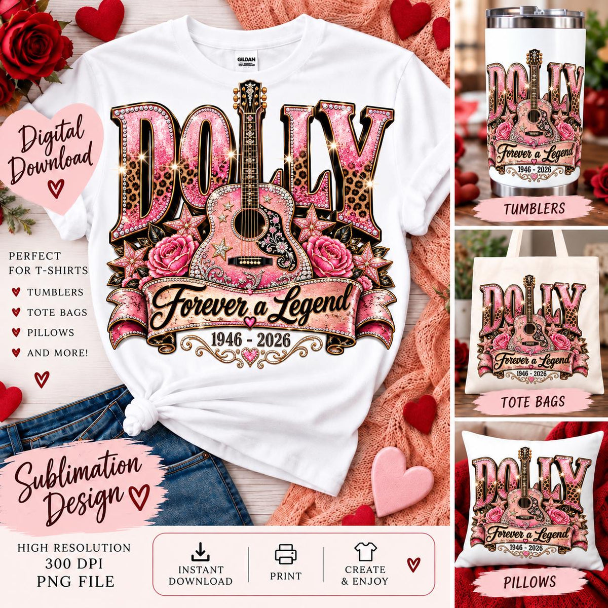 Dolly Forever a Legend PNG, Country Music Tribute Sublimation, Pink Guitar Western PNG, 1946-2026 Memorial Digital Download