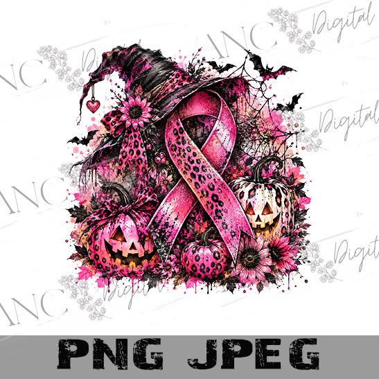 Breast Cancer Awareness PNG, Halloween Pink Ribbon Sublimation, Witch Hat Pumpkin PNG, Pink October Design, Spooky Digital Download