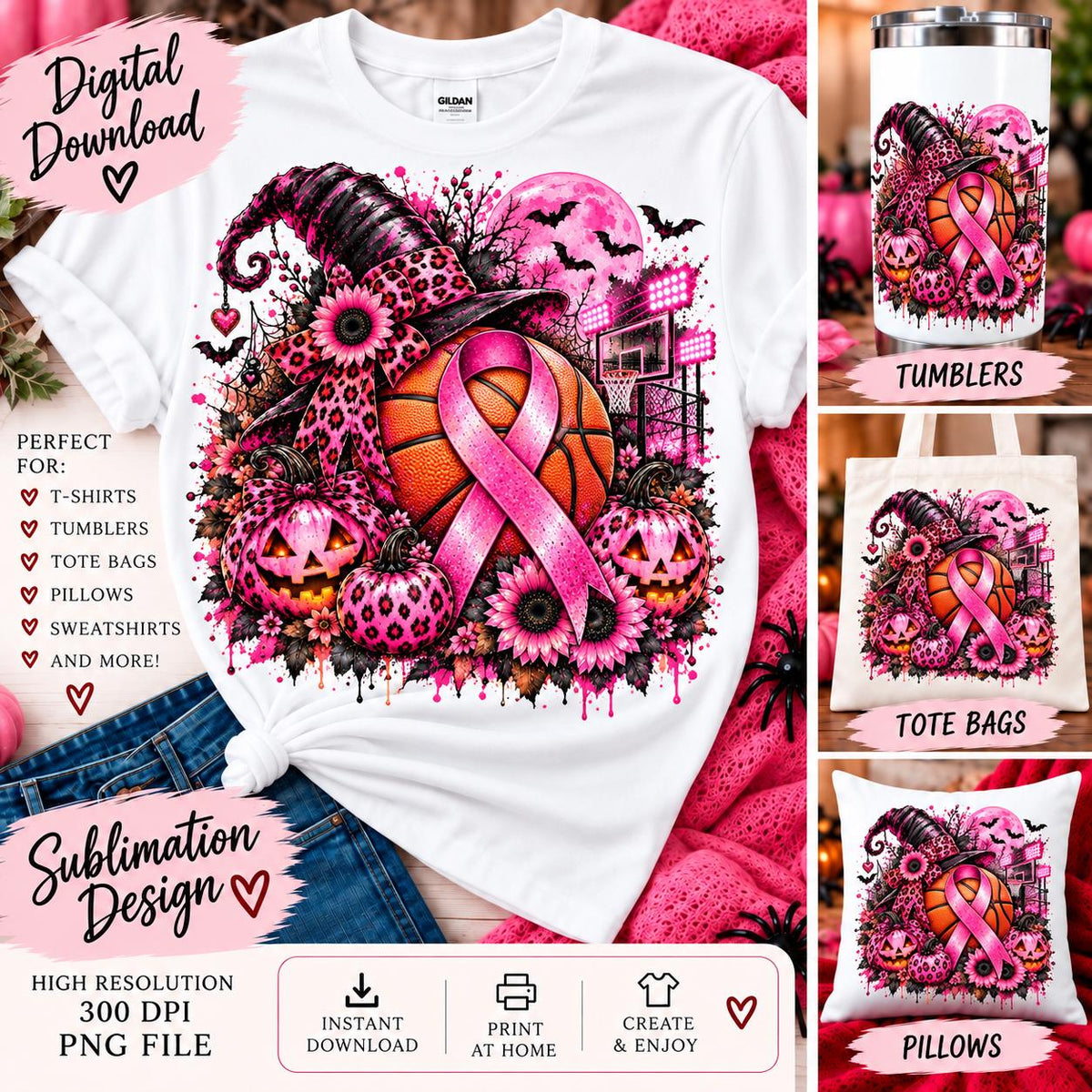 Breast Cancer Basketball PNG, Halloween Pink Out Sublimation, Pink Ribbon Basketball PNG, Witch Pumpkin Design, October Digital Download