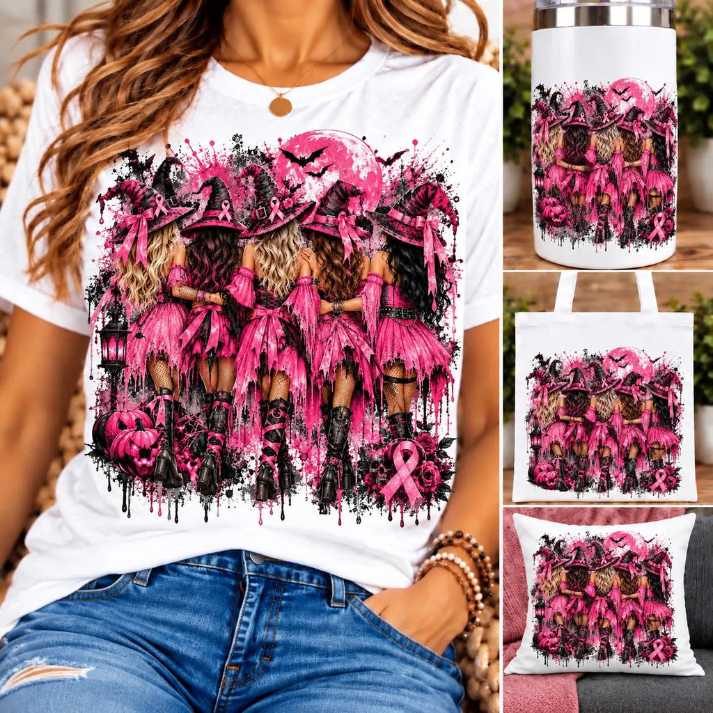 October We Wear Pink PNG, Breast Cancer Awareness Witch Sublimation, Halloween Pink Ribbon Digital Download