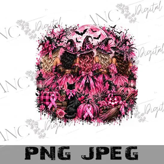 October We Wear Pink PNG, Breast Cancer Awareness Witch Sublimation, Halloween Pink Ribbon Digital Download
