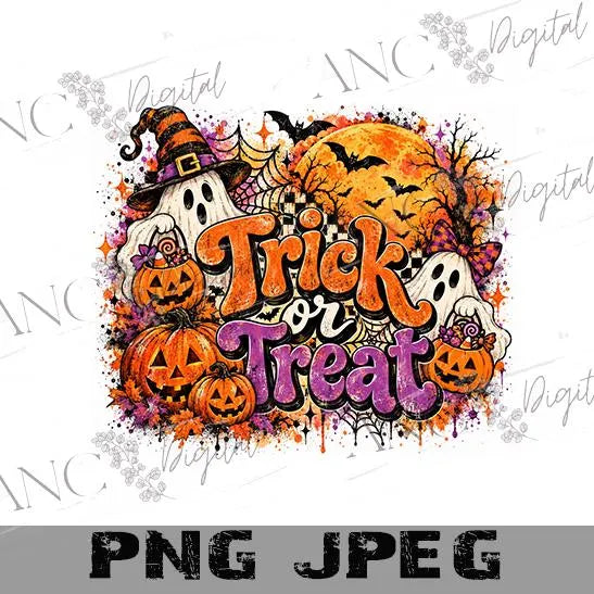 Retro Trick or Treat PNG, Halloween Sublimation Design, Ghost Pumpkin PNG, Vintage Halloween Digital Download, Spooky Shirt Design