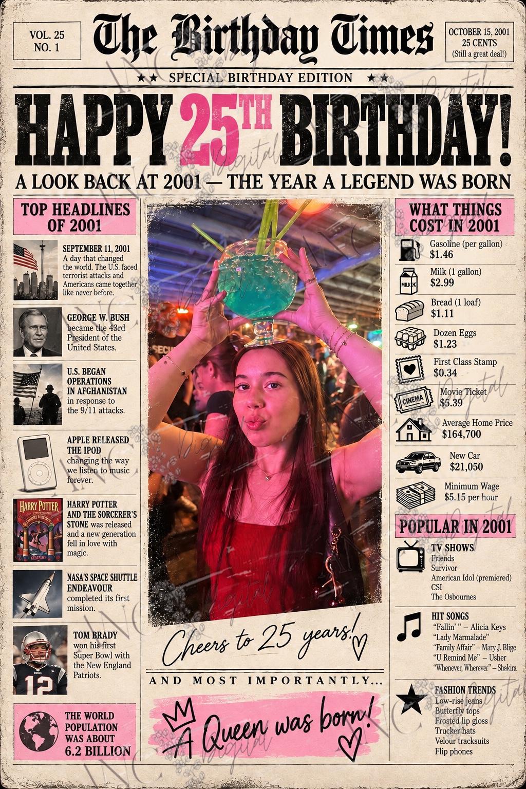 Custom Birthday Newspaper Poster, Personalized Year Facts, Photo Keepsake (Digital Download)