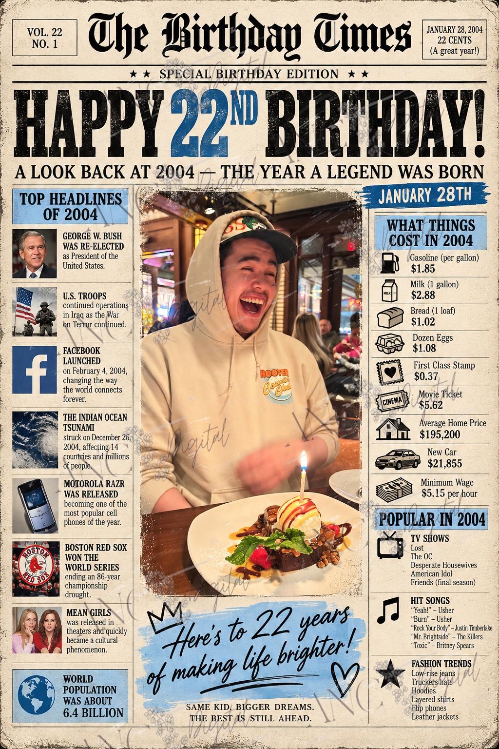 Custom Birthday Newspaper Poster, Personalized Year Facts, Photo Keepsake (Digital Download)