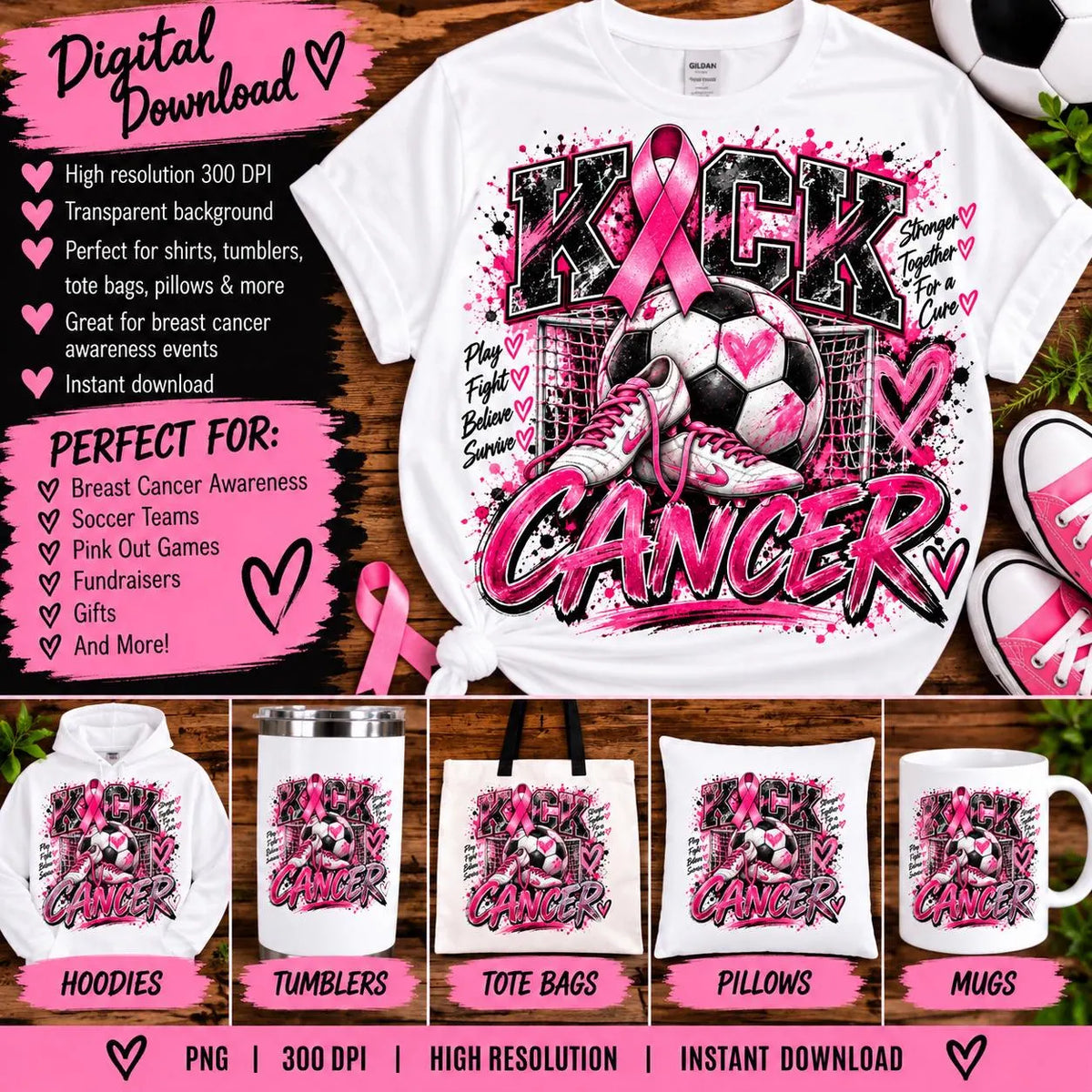 Kick Cancer Soccer PNG, Breast Cancer Awareness Soccer Design, Pink Ribbon Soccer PNG, Soccer Mom Sublimation, Cancer Warrior