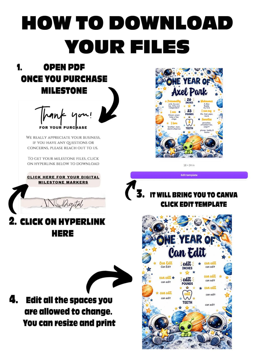 Space First Birthday Milestone Poster Editable Canva Template, One Year Old Birthday Sign, Astronaut Party Decor, Digital Download