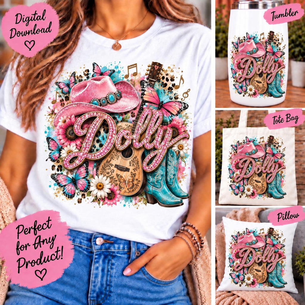 Dolly Butterfly Sublimation PNG, Country Music PNG, Cowgirl PNG, Western Butterfly Design, Tumbler Shirt Tote Bag Sublimation
