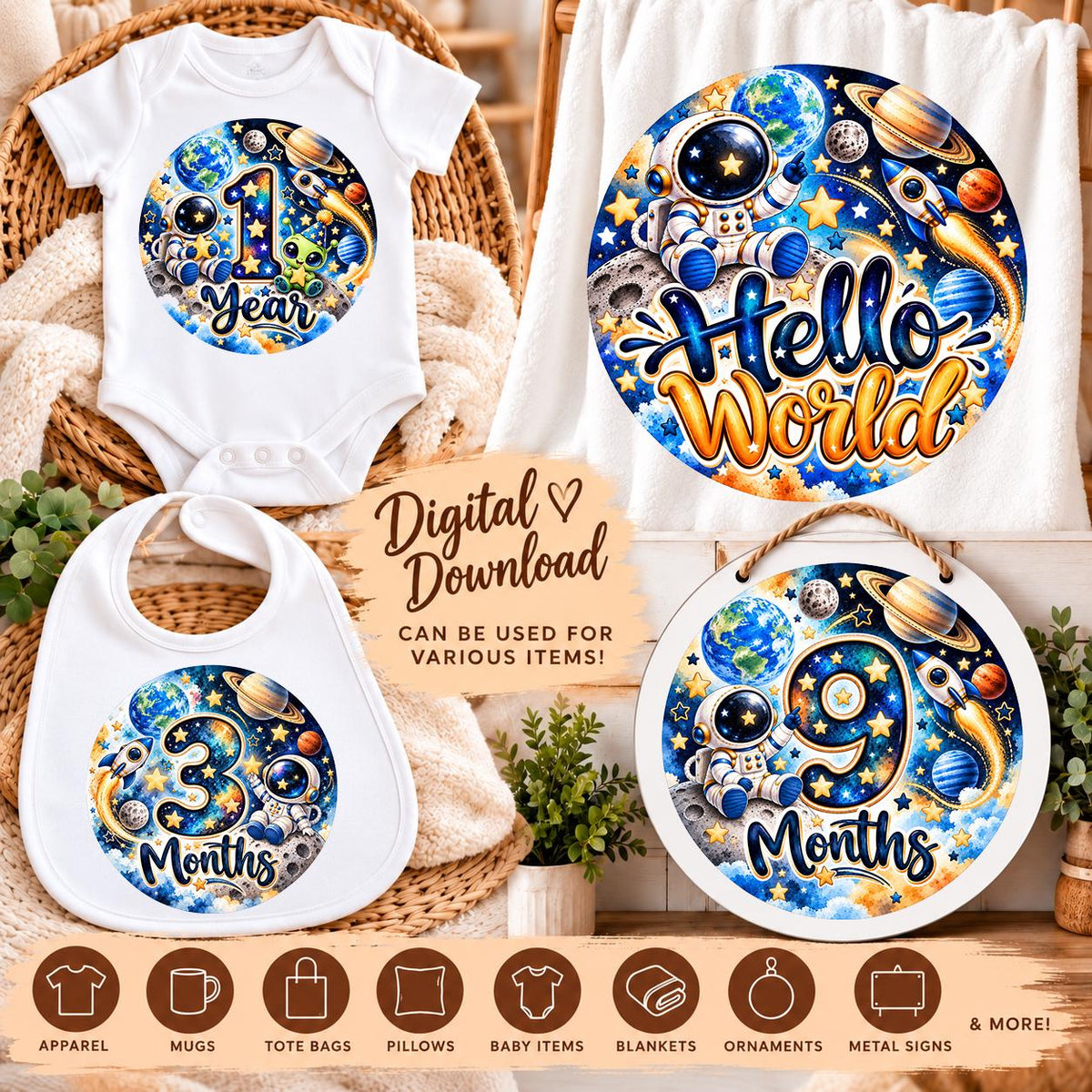 Astronaut Baby Milestone PNG Bundle, Space Baby Monthly Milestone Sublimation, 1-11 Months, 1 Year, Hello World Digital Download