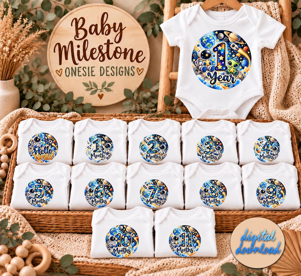 Astronaut Baby Milestone PNG Bundle, Space Baby Monthly Milestone Sublimation, 1-11 Months, 1 Year, Hello World Digital Download