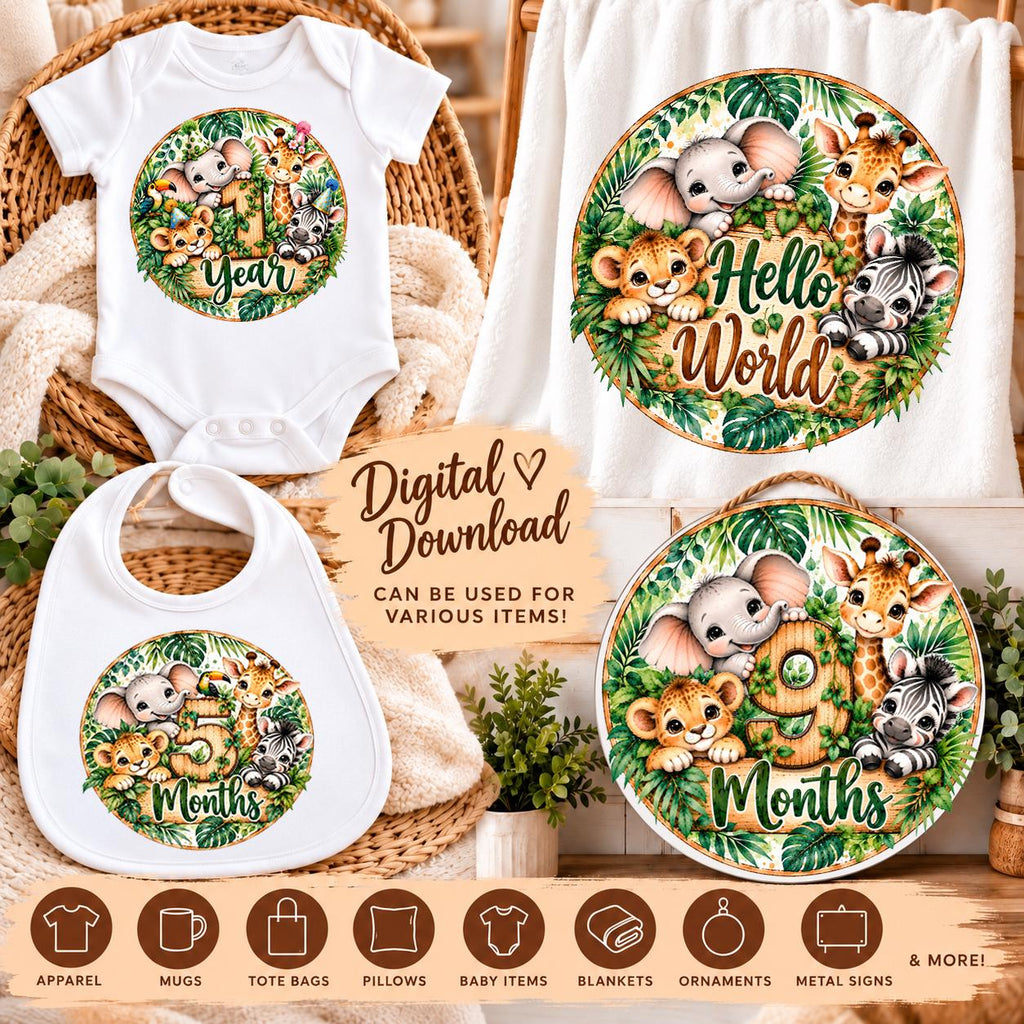 Baby Milestone PNG Bundle, Safari Animals Monthly Milestone Digital Download, Jungle Baby 1-11 Months, 1 Year, Hello World Sublimation