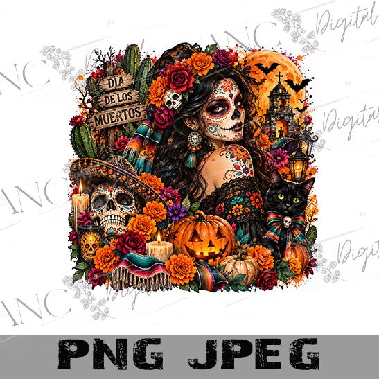 Dia de los Muertos PNG, Mexican Halloween Sublimation Design, Catrina PNG, Sugar Skull Halloween PNG, Mexican Halloween Design