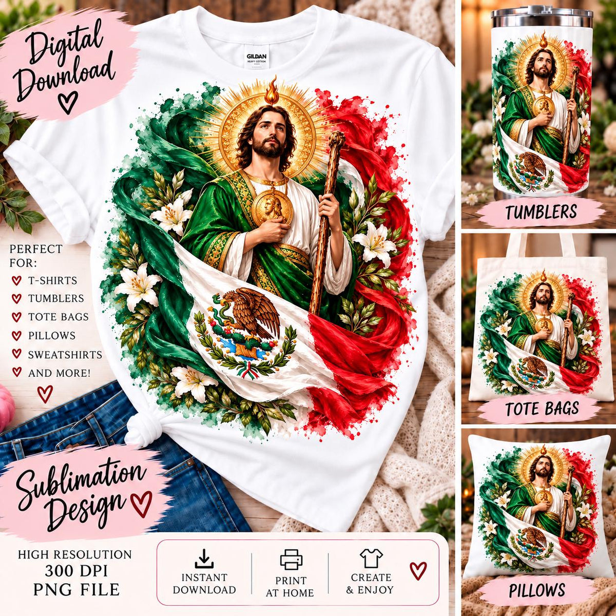 San Judas Tadeo PNG, Mexican Flag Sublimation Design, Saint Jude PNG, Mexico Religious PNG, Catholic Faith Digital Download