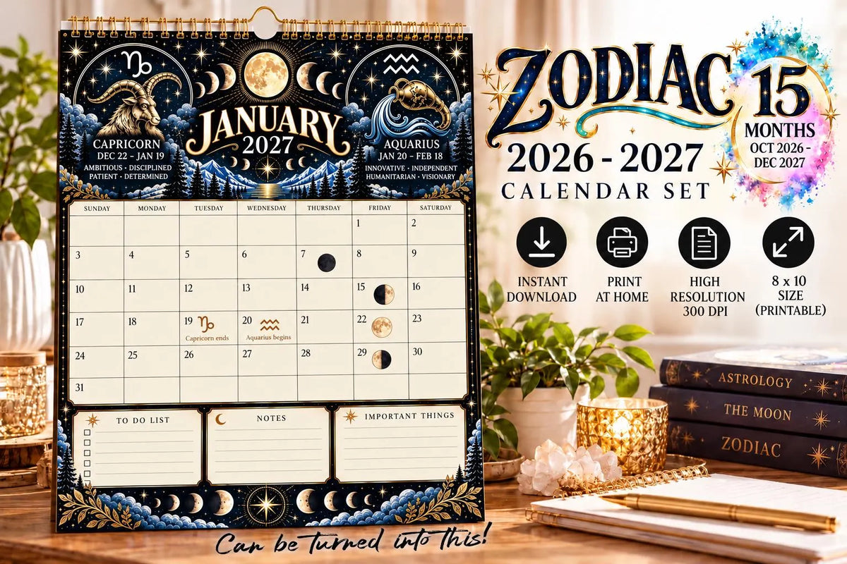 2026-2027 Zodiac Calendar Printable | Astrology Monthly Planner | Moon Phase Calendar | Digital Download Celestial Zodiac Planner