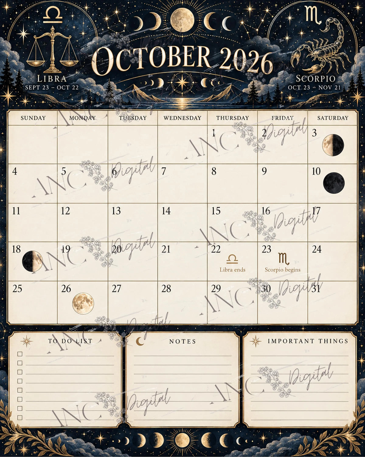 2026-2027 Zodiac Calendar Printable | Astrology Monthly Planner | Moon Phase Calendar | Digital Download Celestial Zodiac Planner