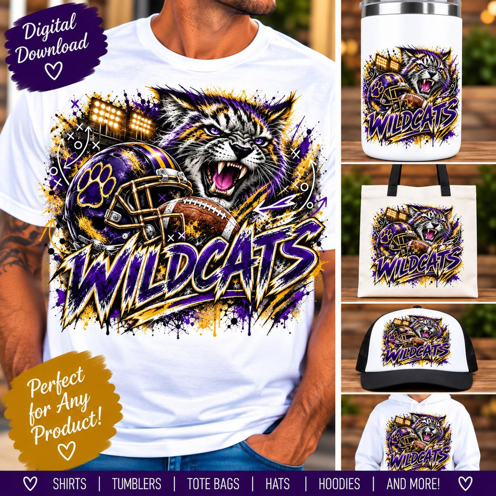 Wildcats Football PNG, Wildcat Mascot Sublimation, Purple Gold Football PNG, Game Day Shirt Design, School Spirit Digital Download