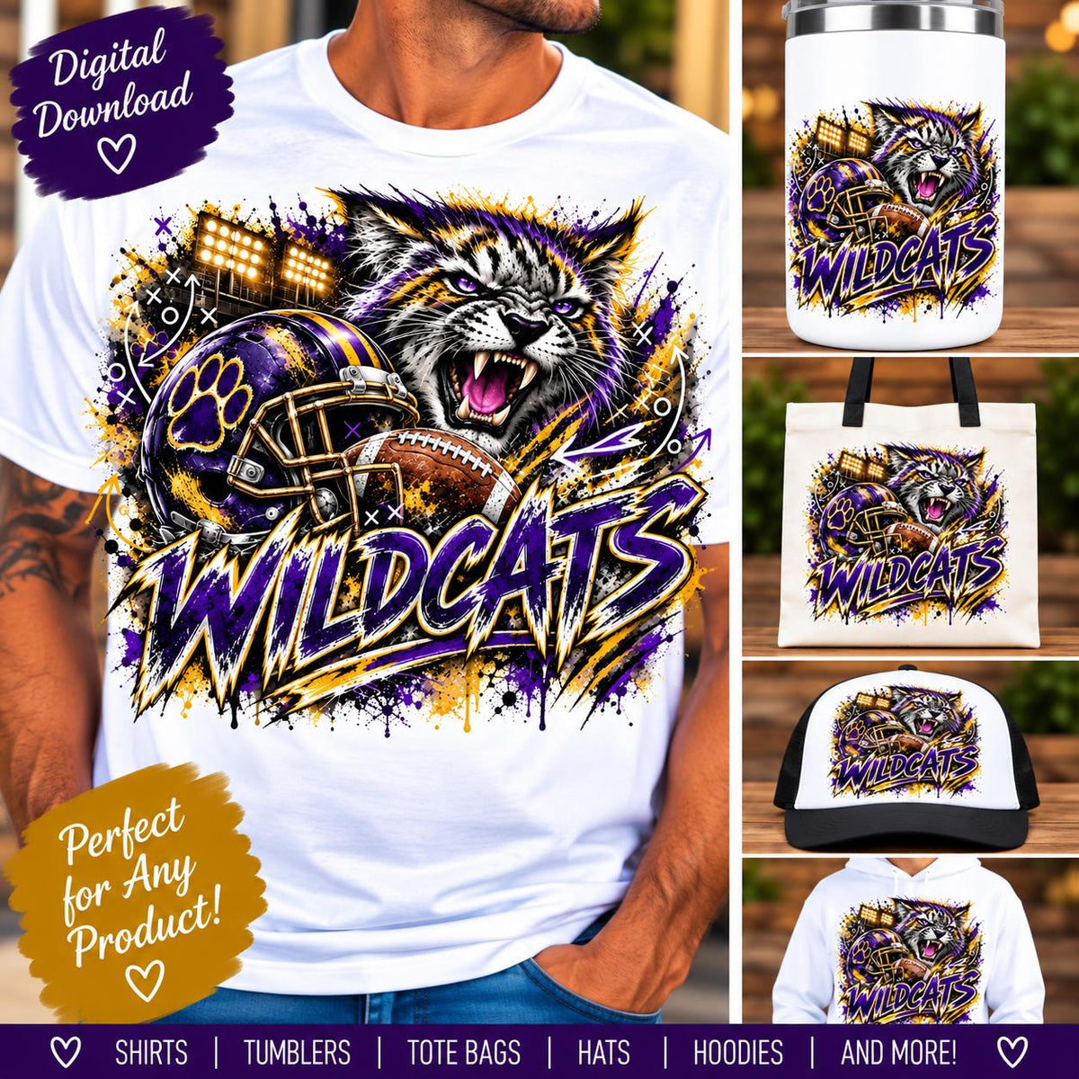 Wildcats Football PNG, Wildcat Mascot Sublimation, Purple Gold Football PNG, Game Day Shirt Design, School Spirit Digital Download