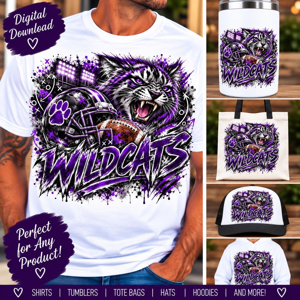 Wildcats Football PNG, Wildcat Mascot Sublimation, Purple black Football PNG, Game Day Shirt Design, School Spirit Digital Download