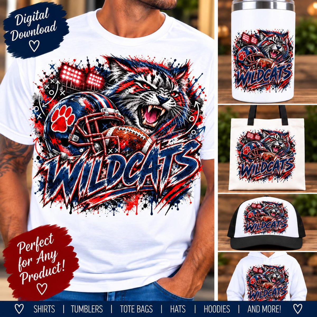 Wildcats Football PNG, Wildcat Mascot Sublimation, Navy Red Football PNG, Game Day Shirt Design, School Spirit Digital Download