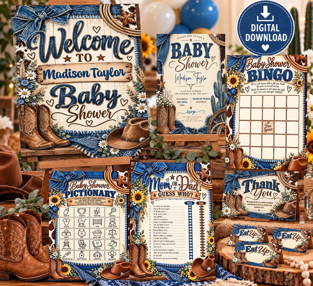 Western Denim Baby Shower Printable, Western Baby Shower Invitation Bundle, Invitation, Rustic Western Baby Shower download. Canva Editable