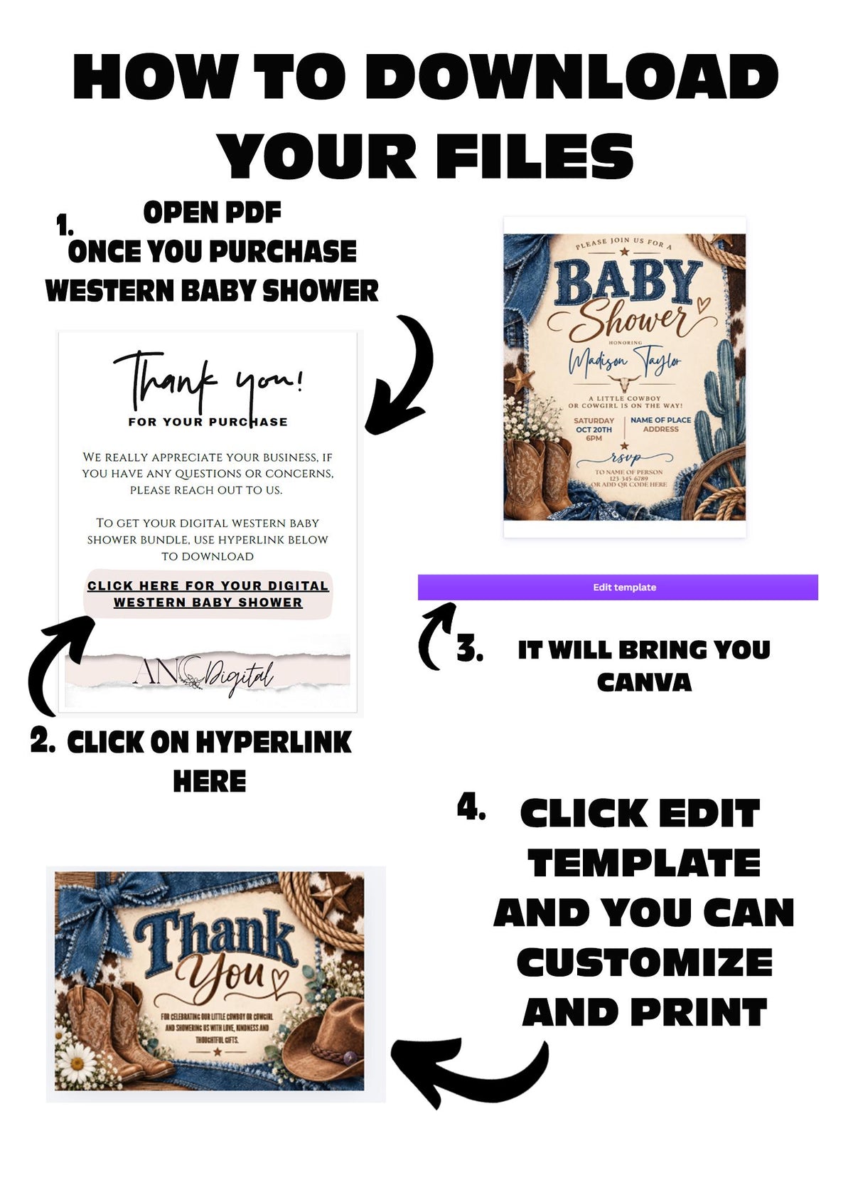 Western Denim Baby Shower Printable, Western Baby Shower Invitation Bundle, Invitation, Rustic Western Baby Shower download. Canva Editable