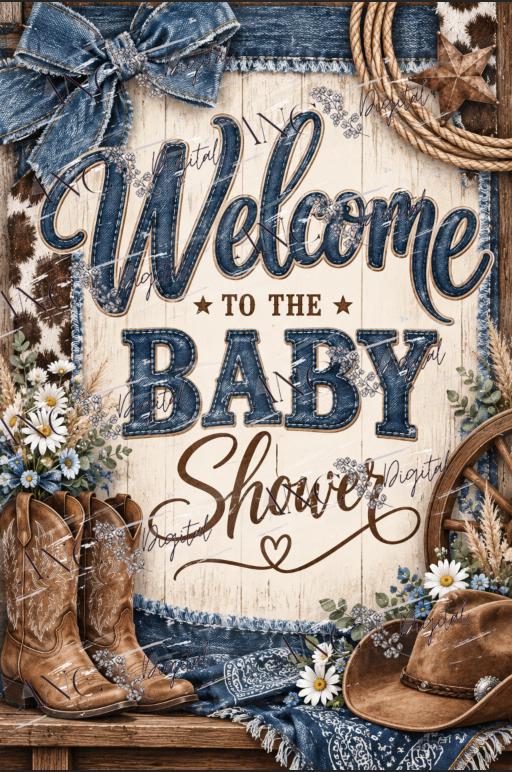 Western Denim Baby Shower Printable, Western Baby Shower Invitation Bundle, Invitation, Rustic Western Baby Shower download. Canva Editable
