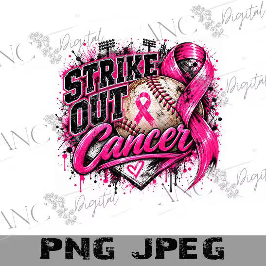 Baseball Breast Cancer Awareness PNG, Strike Out Cancer Sublimation Design, Baseball Pink Ribbon PNG, Breast Cancer Sports Download