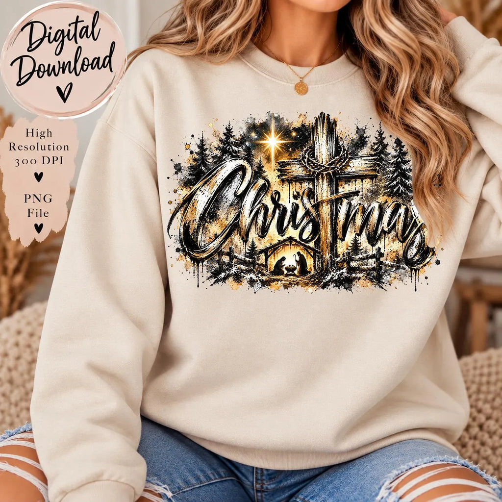 Christmas Cross PNG, Christian Christmas Sublimation Design, Nativity PNG, Religious Christmas Digital Download, Grunge Christmas PNG