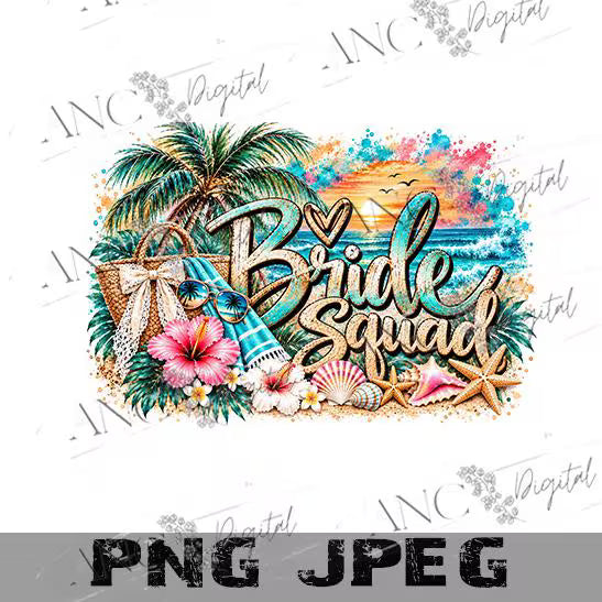 Bride Squad Beach PNG Bundle, Bride Sublimation Design, Beach Bachelorette Party PNG, Tropical Bridal Party Digital Download