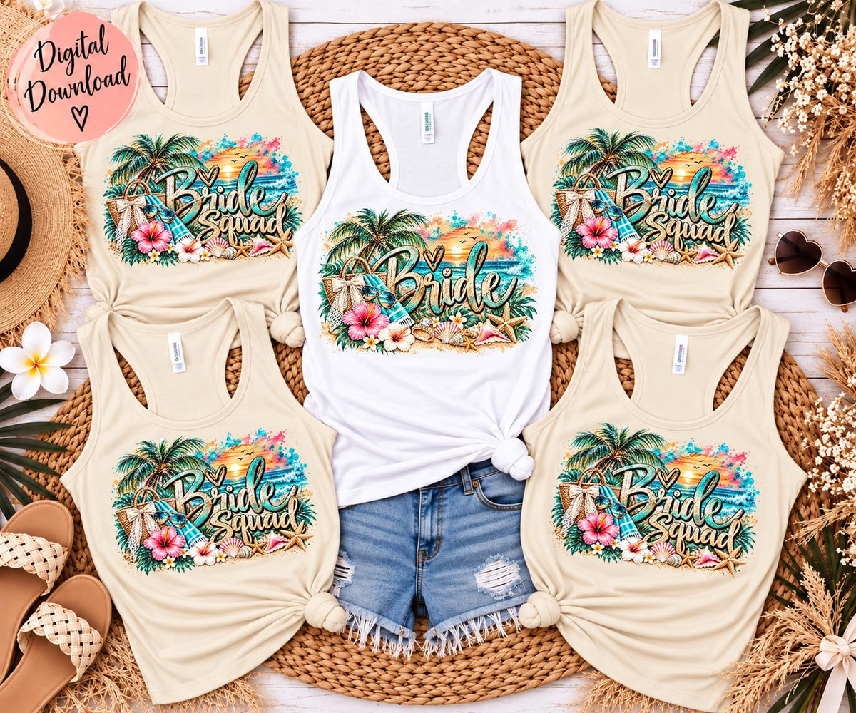 Bride Squad Beach PNG Bundle, Bride Sublimation Design, Beach Bachelorette Party PNG, Tropical Bridal Party Digital Download
