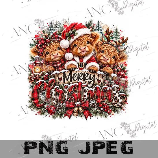 Christmas Highland Cow PNG, Merry Christmas Cow Sublimation Design, Cute Highland Cows PNG, Santa Cow Digital Download