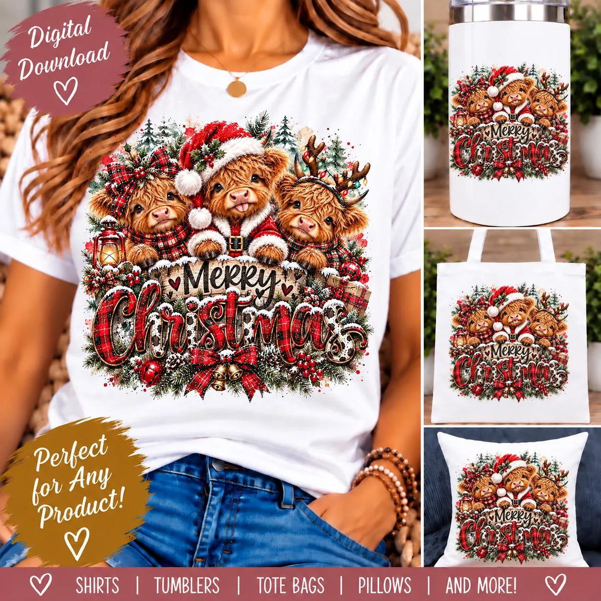 Christmas Highland Cow PNG, Merry Christmas Cow Sublimation Design, Cute Highland Cows PNG, Santa Cow Digital Download