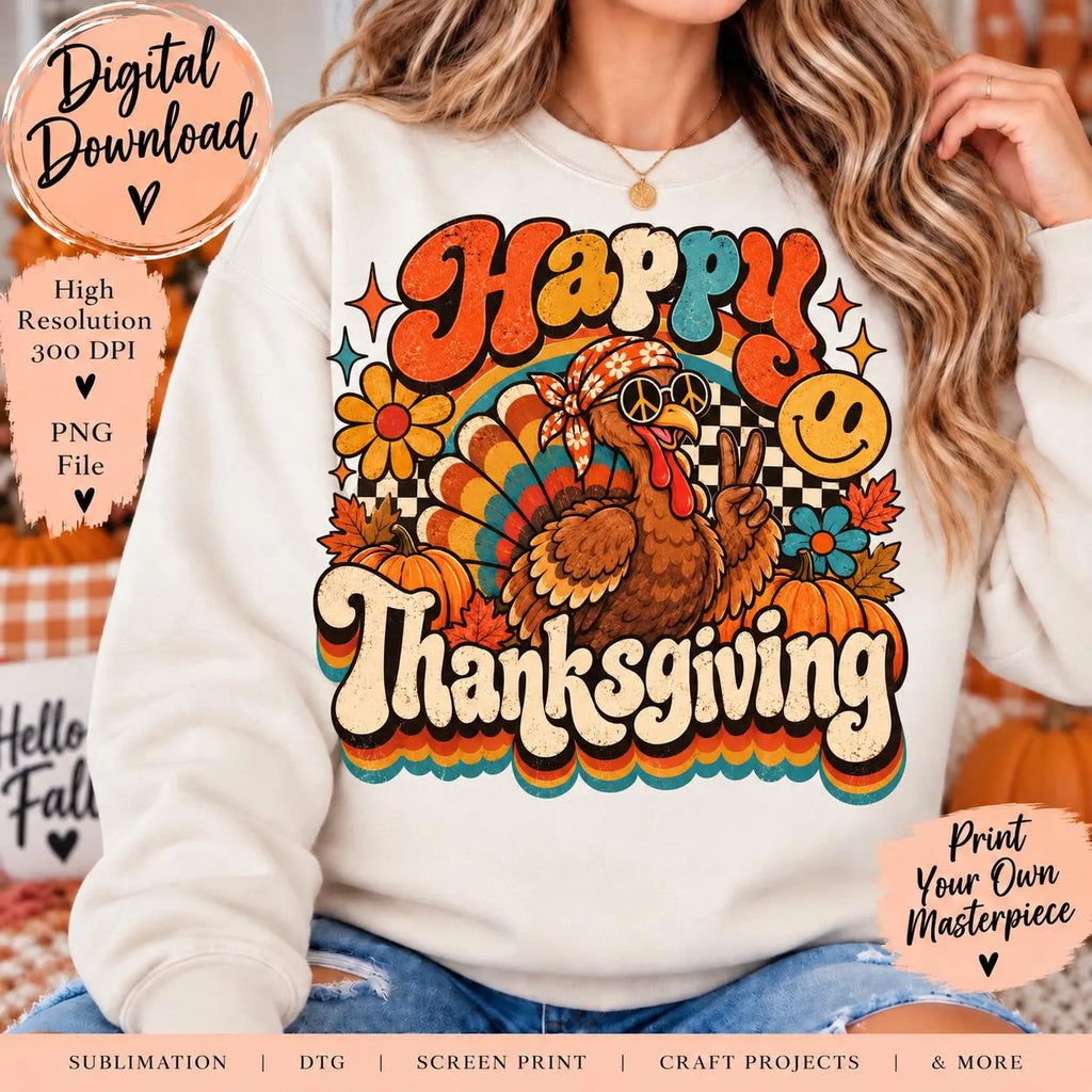 Retro Thanksgiving PNG, Vintage Turkey Sublimation Design, Groovy Fall PNG, Thanksgiving Shirt Design, 70s Turkey PNG