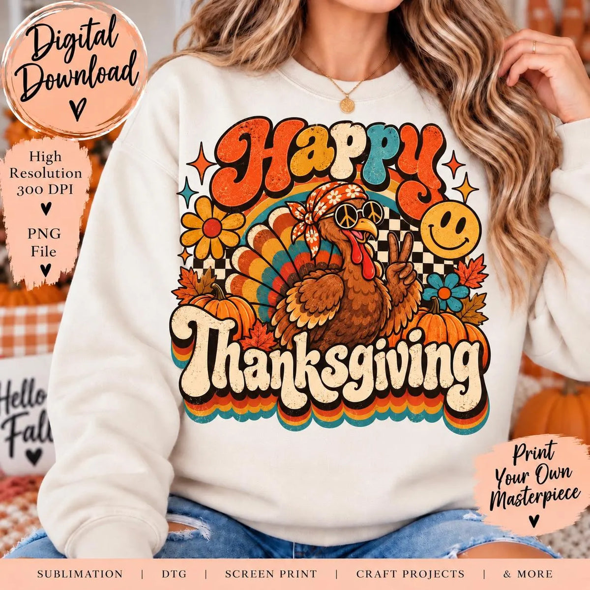 Retro Thanksgiving PNG, Vintage Turkey Sublimation Design, Groovy Fall PNG, Thanksgiving Shirt Design, 70s Turkey PNG