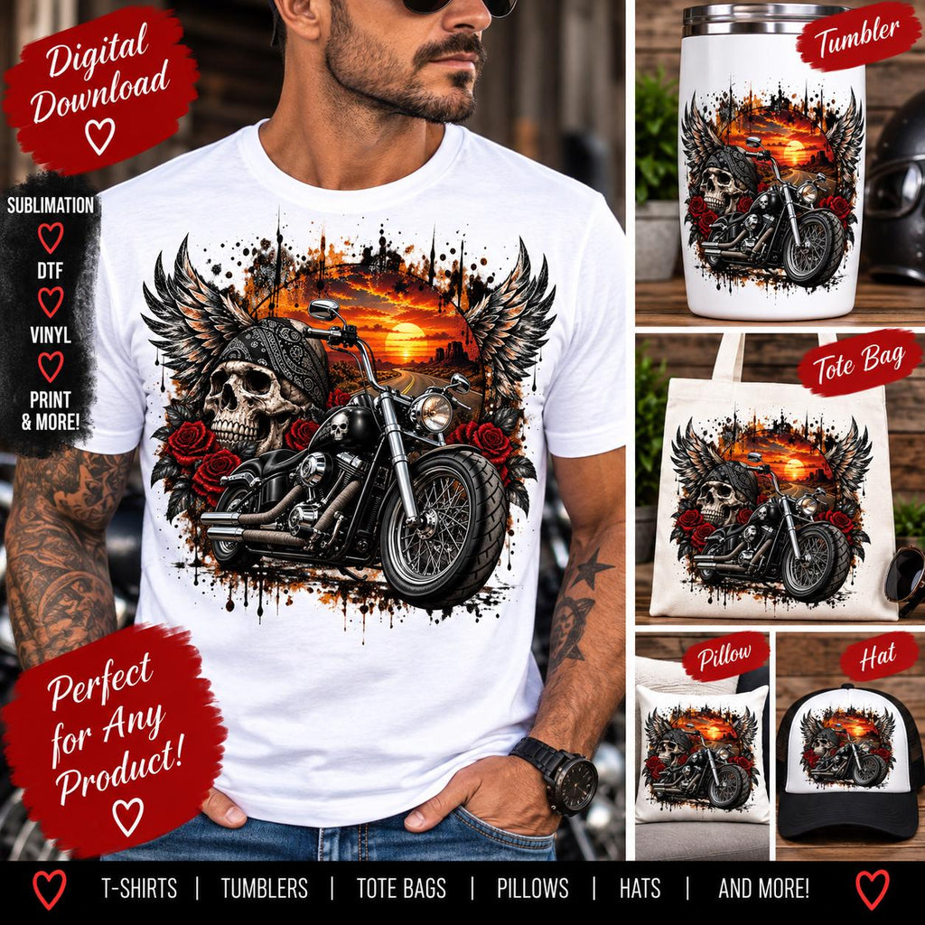 Biker Sublimation PNG, Motorcycle Skull PNG, Motorcycle Shirt Design, Biker PNG, Skull Motorcycle Digital Download