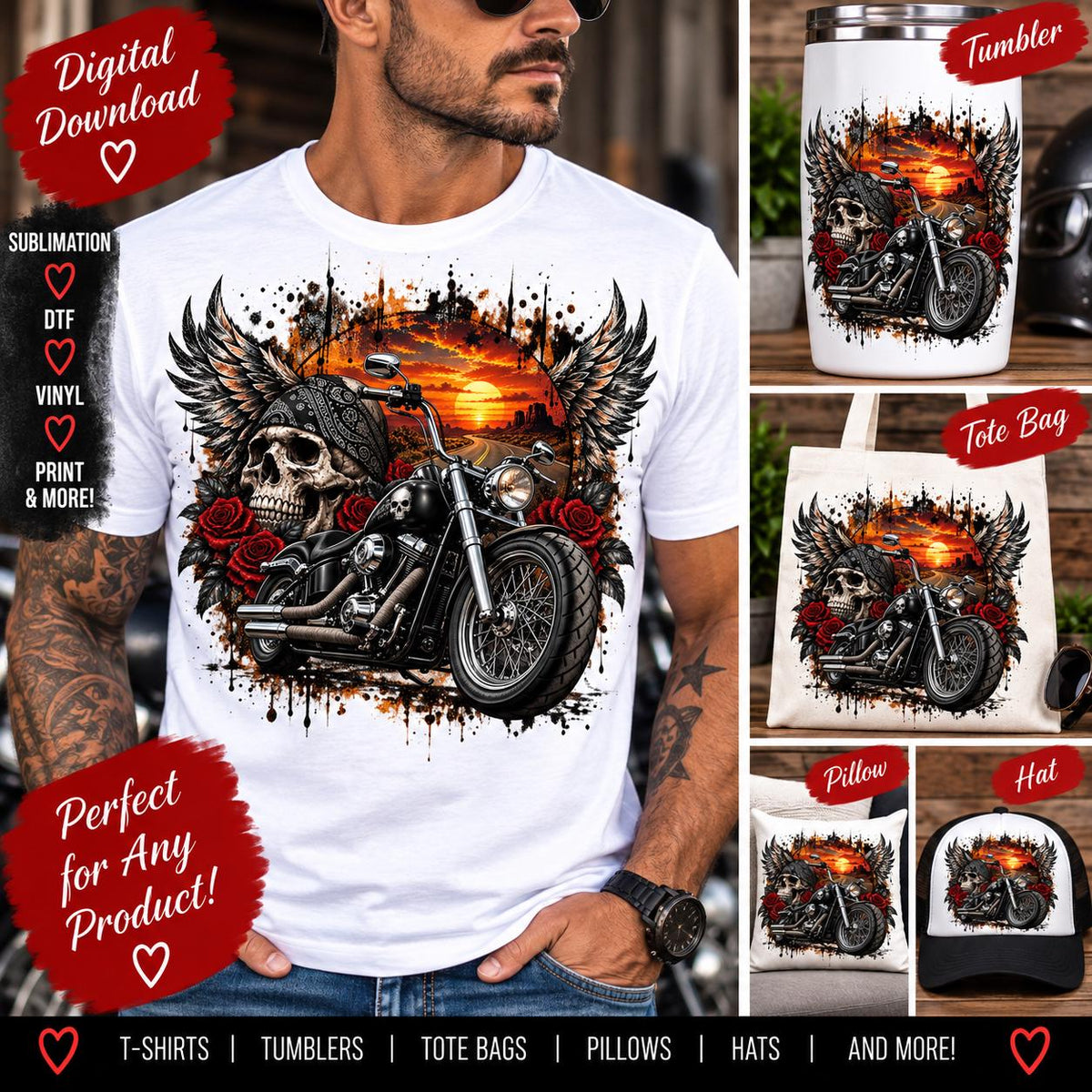 Biker Sublimation PNG, Motorcycle Skull PNG, Motorcycle Shirt Design, Biker PNG, Skull Motorcycle Digital Download