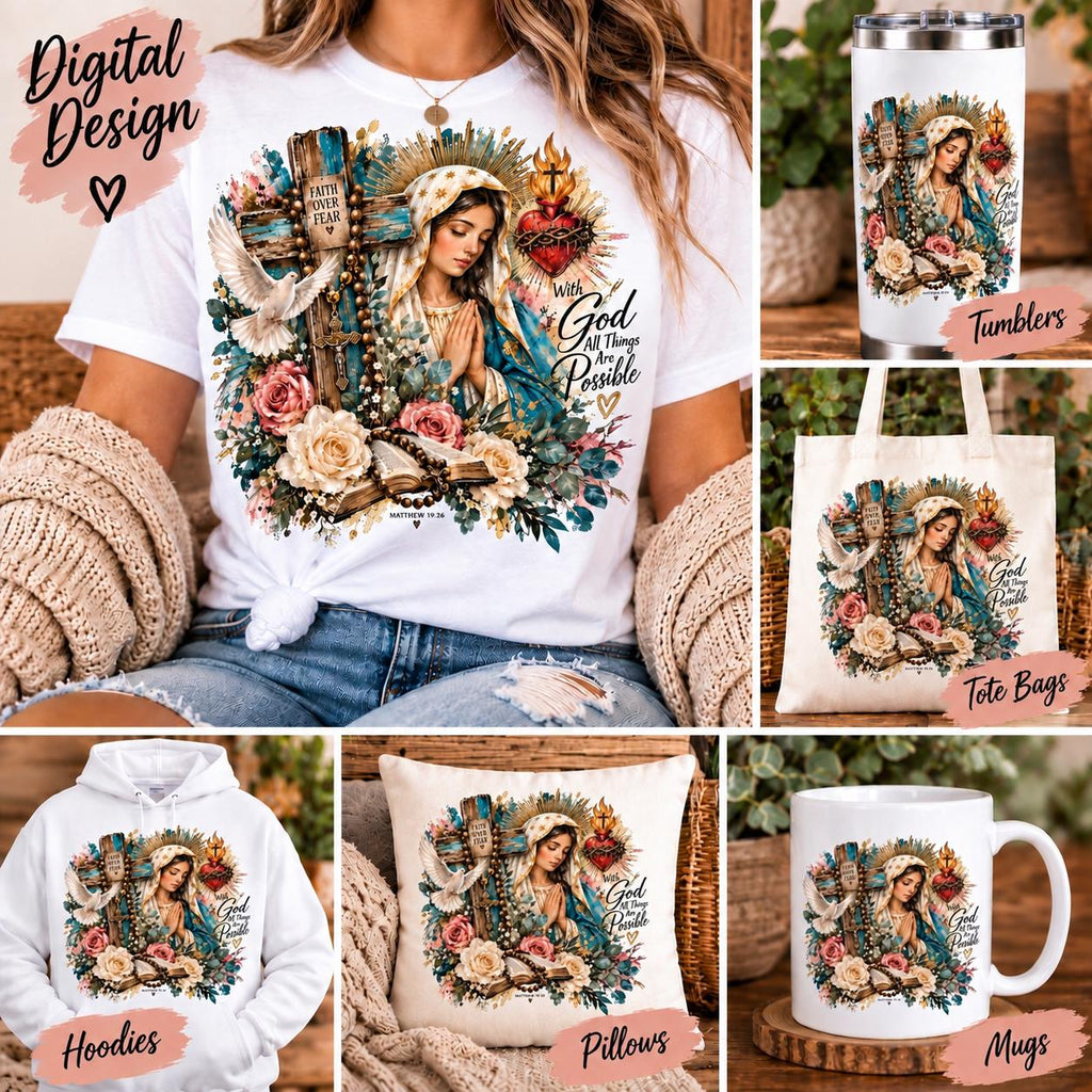Catholic Sublimation PNG, Virgin Mary PNG, Faith Over Fear Design, Christian Shirt PNG, Religious Digital Download