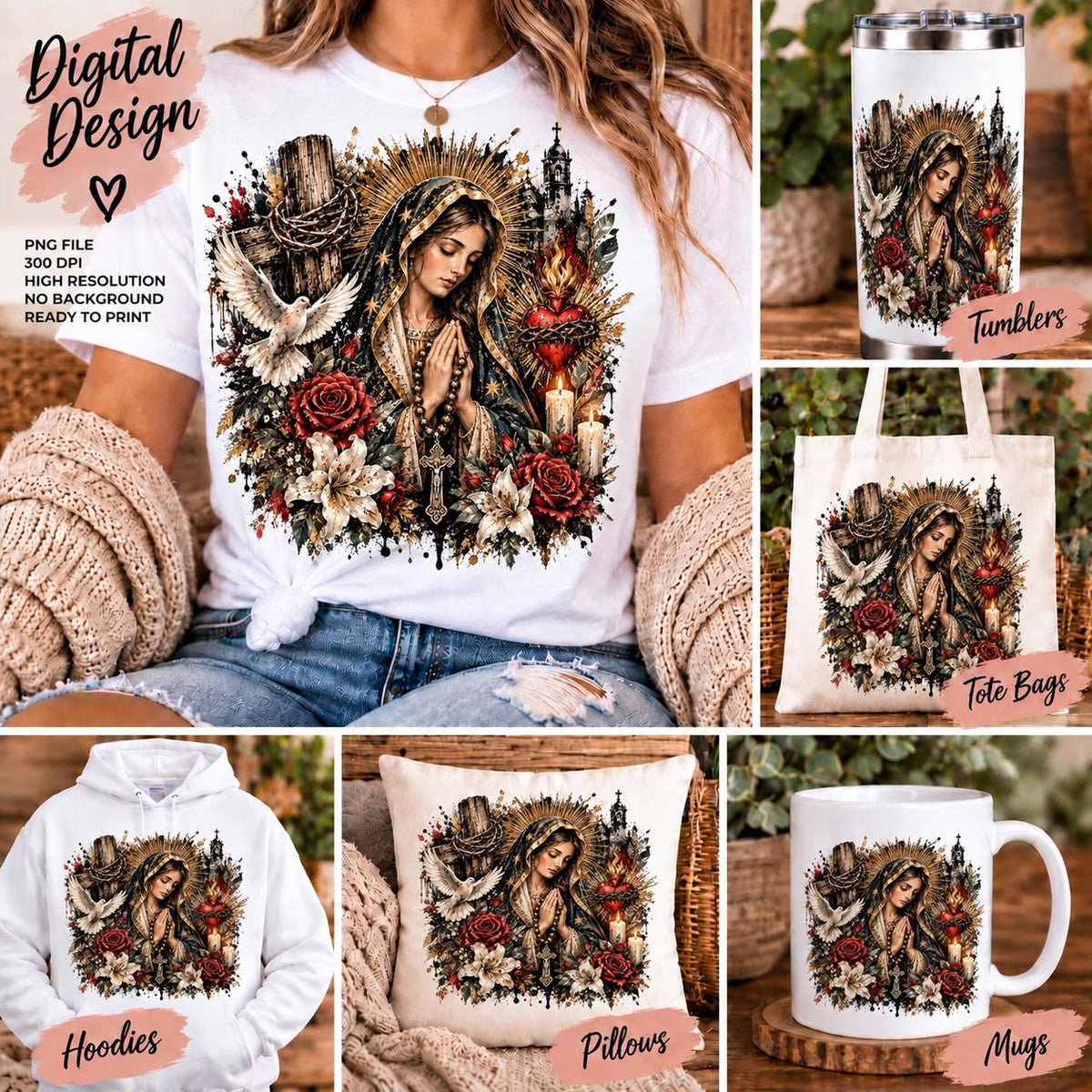Catholic Virgin Mary PNG, Catholic Sublimation Design, Virgin Mary Shirt PNG, Religious Christian PNG, Grunge Faith Design