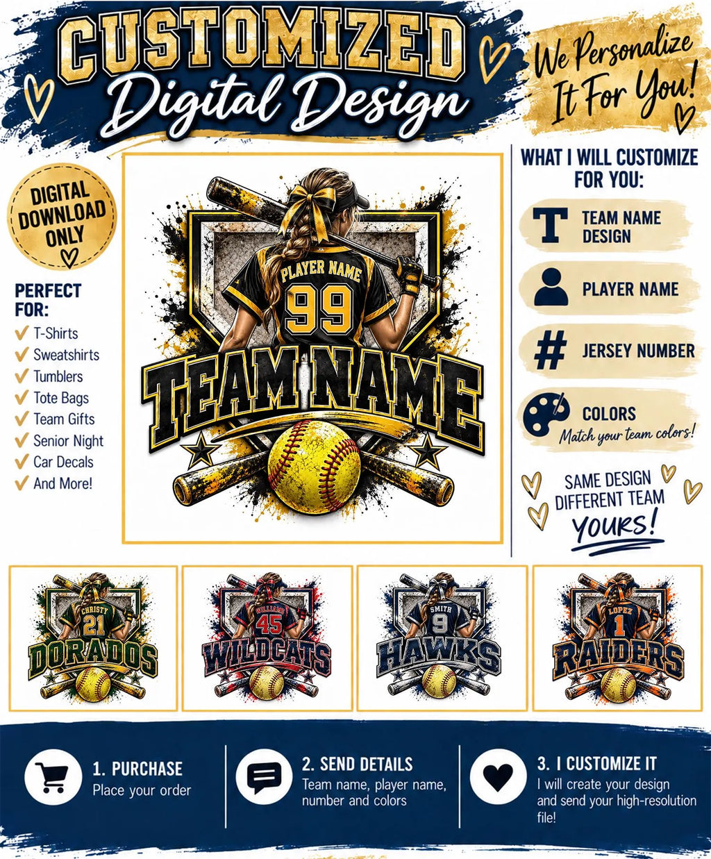 Custom Softball Digital Design | Personalized Softball PNG | Team Name Player Name Number | Softball Sublimation Design