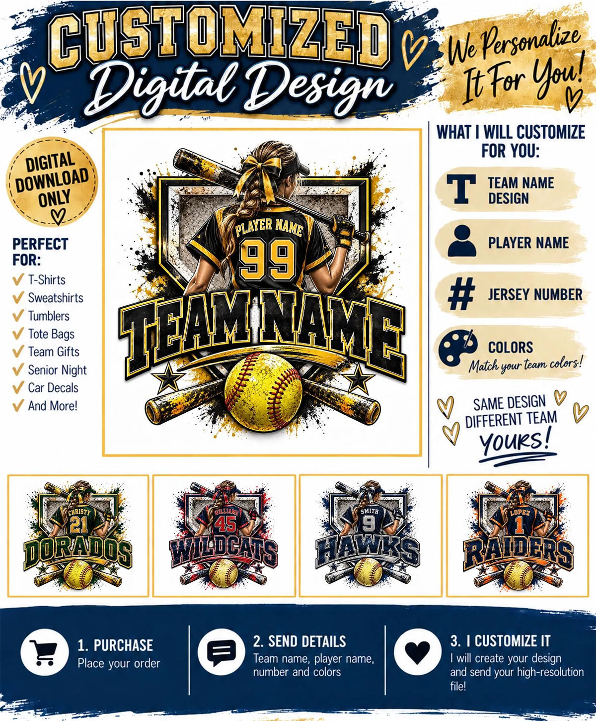 Custom Softball Digital Design | Personalized Softball PNG | Team Name Player Name Number | Softball Sublimation Design