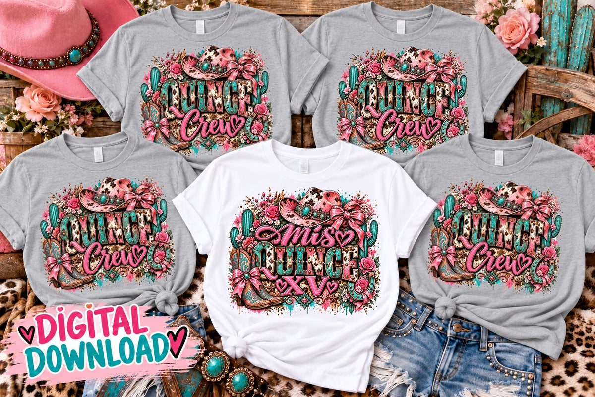 Mis Quince XV PNG, Quince Crew PNG, Western Quinceañera , Cowgirl Quince Shirt Design, Pink Turquoise Quince Digital Download
