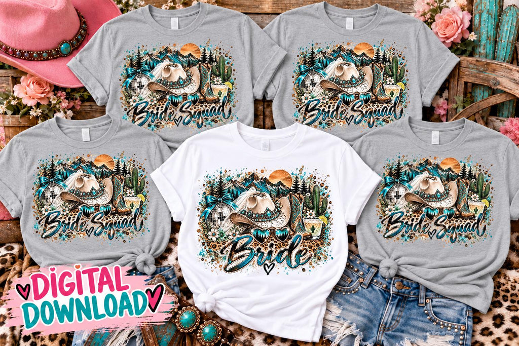 Western Bride & Bride Squad Sublimation PNG Bundle, Cowgirl Bachelorette Shirt Design, Turquoise Bridal Party Digital Download